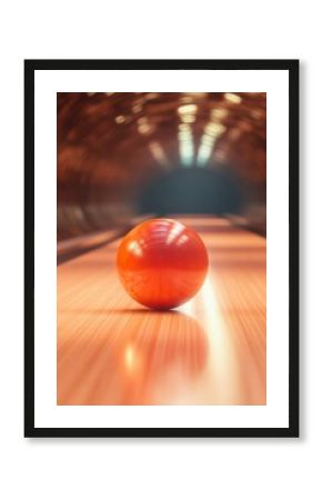 Close Up Of A Bowling Ball Rolling Down A Polished Wooden Lane