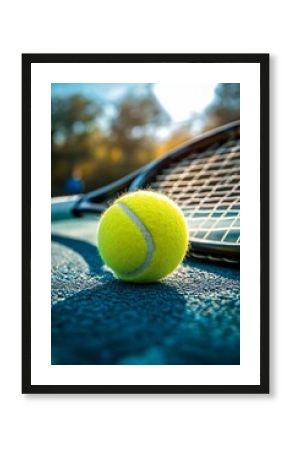 Closeup of a tennis ball near a racket on the court