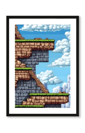 Pixel Art Ruins Landscape: Stone and Brick Platforms Against a Blue Sky