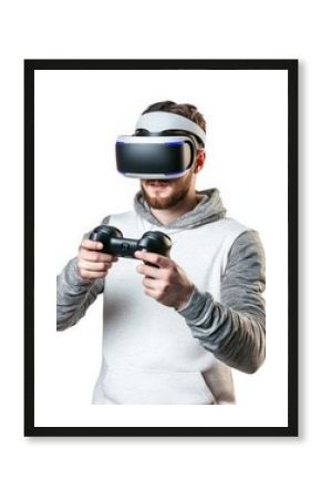 Man playing video game with virtual reality headset isolated on white background