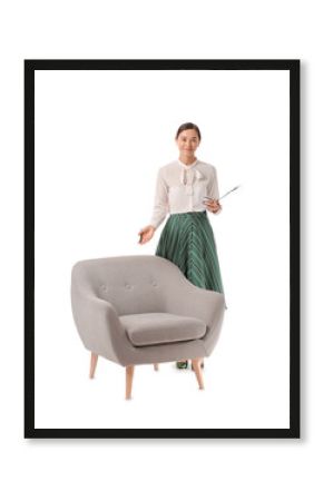 Portrait of female psychologist near armchair on white background