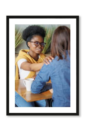 moral support and mental health, African American woman supporting a colleague in a difficult situation, words of support or help with advice, communication between patient and psychologist, spiritual