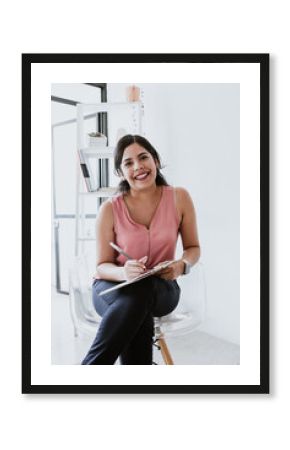 hispanic young woman psychologist holding clipboard at psychology center in Mexico Latin America