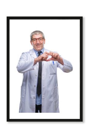 Handsome senior doctor, scientist professional man wearing white coat over isolated background smiling in love showing heart symbol and shape with hands. Romantic concept.