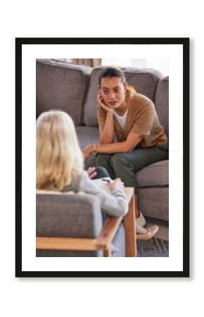 Counseling woman or psychologist listening to patient in therapy of mental health problem, mind healthcare or advisory support. Advice, psychology and professional therapist consulting client on sofa