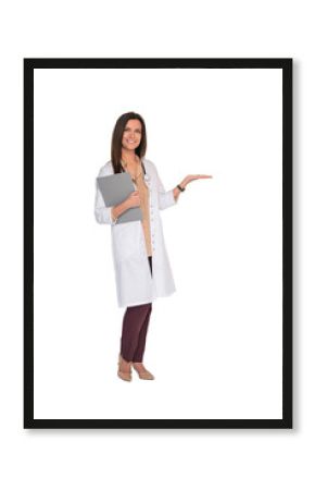 Smiling medical doctor woman with stethoscope. Isolated over transparent background. 