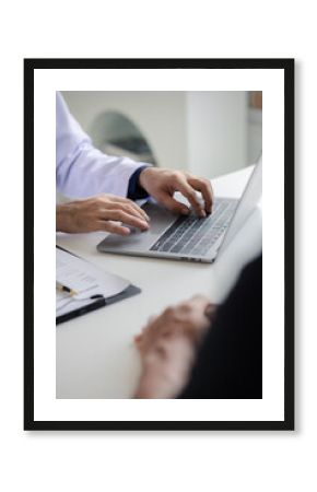 The doctor and the patient are discussing the details of the treatment, the results of the physical examination of the patient. Annual physical examination concept.