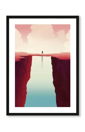 A person standing on a tightrope over a deep chasm demonstrating the difficulty of balancing life with a mental Psychology art concept. AI generation