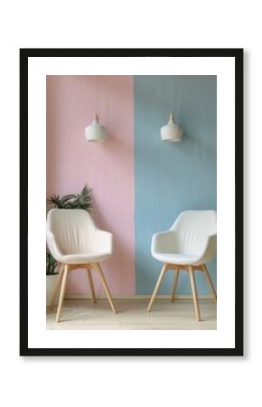 Two chairs in psychotherapy room, modern office, nice interior, pastel calm colors, professional photo, interior photo, sharp focus, blank space for text