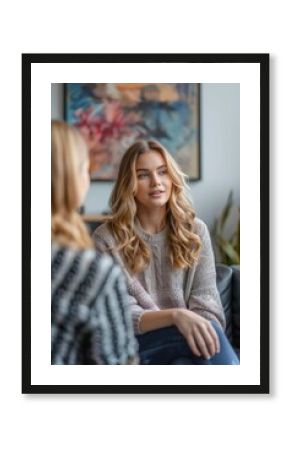 female therapist talking to smiling woman patient at hospital, ai generated