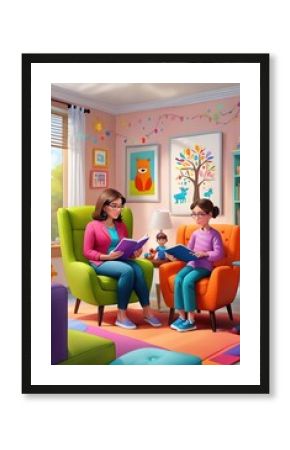 psicologa en terapia, madre leyendo con su hija