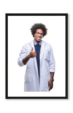 Afro american doctor scientist man over isolated background doing happy thumbs up gesture with hand. Approving expression looking at the camera with showing success.