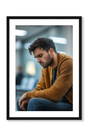 A distressed young man sitting alone in a clinic, visibly upset during therapy