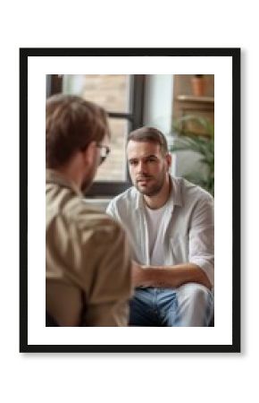 A professional psychologist in an office providing therapy and support to a depressed young man sitting on a couch.