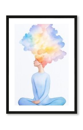 Watercolor illustration of a person meditating with a colorful cloud above their head, symbolizing creative thoughts and inner peace.