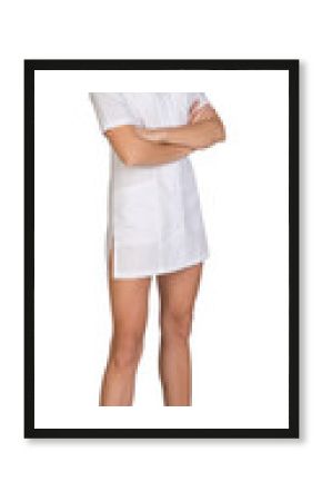 Young girl is an intern, standing crossed arms.