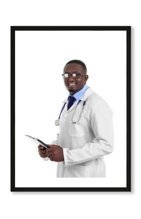 Professional African doctor with clipboard, isolated on white