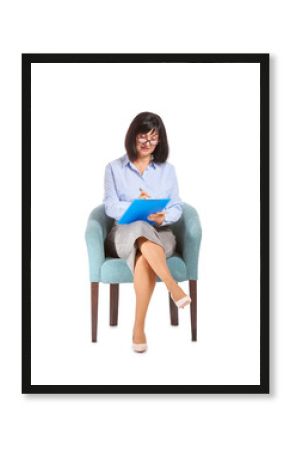 Portrait of female psychologist sitting in armchair on white background