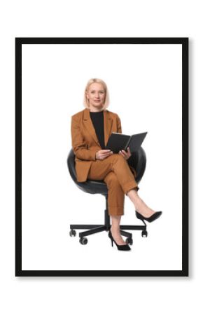 Professional psychologist with notebook in office chair on white background