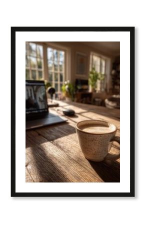 Close-up of a laptop screen showing a virtual session between a psychologist and a young man in headphones, coffee mug in foreground, cozy home office vibe.