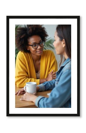 African American woman offers moral support to friend. Sit at table with cup, talking about personal problem. Woman provides comfort, care, empathy during difficult conversation. Friends share
