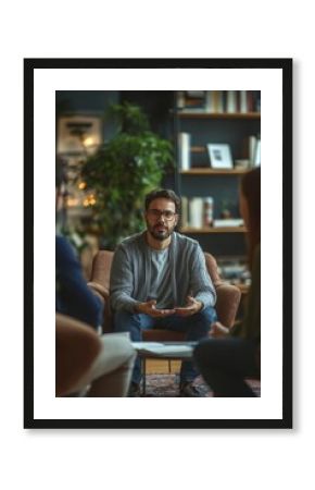 Vertical image of group of people talking to psychologist at session in the room, Generative AI