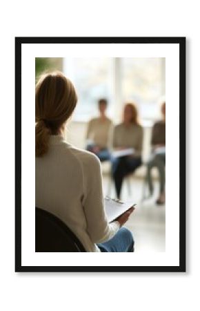 Female psychologist holding clipboard and listening to patients during group psychotherapy session, providing mental health support and counseling in clinical setting