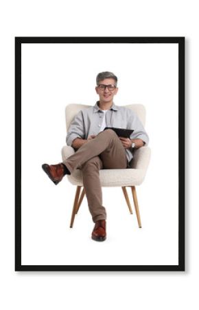 Professional psychologist with clipboard sitting on chair against white background