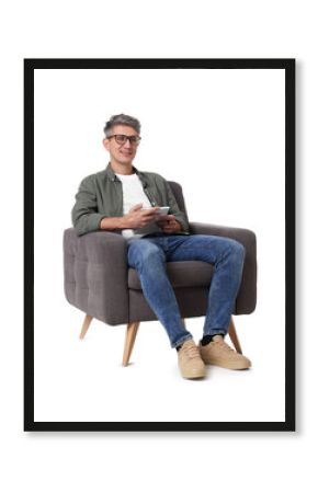 Professional psychologist with notebook sitting on chair against white background
