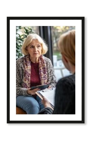 geriatric psychology, mental therapy and old age concept - psychologist with clipboard taking notes and listening to senior woman patient at psychotherapy session