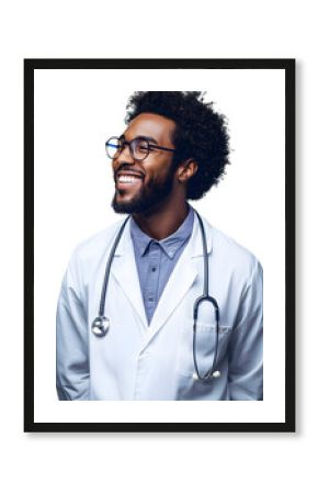 Afro american doctor scientist man over isolated background looking away to side with smile on face, natural expression. Laughing confident.