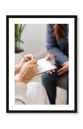 Woman, hands and therapist writing on clipboard in consultation for mental health, psychology or healthcare. Hand of female person or psychologist consulting patient with anxiety or stress in therapy