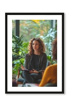 Psychologist guiding a family therapy session in an inviting setting. Generative AI.