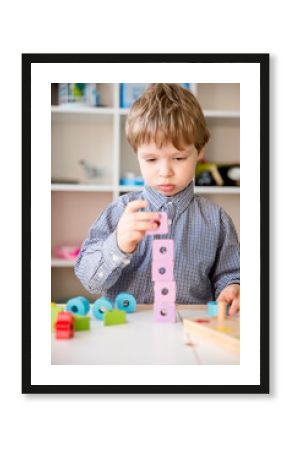 Learning counting, shapes and colors. Montessori type implement. wooden toys. Implement for children to develop fine motoric skills, logical thinking through play.