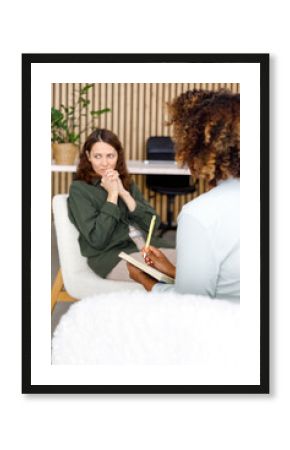 woman is a patient with mental difficulties and a mental disorder. African American female psychologist conducts an appointment with a patient in the office. mental health and moral support