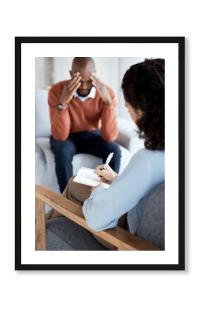 Woman psychologist writing, black man in therapy with mental health, stress headache and depressed with help. Consultation, doctor report on patient diagnosis, anxiety problem and sad with depression