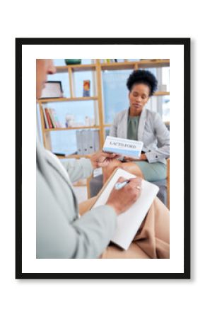 Psychiatry, medicine and black woman with a therapist for a prescription and depression medication. Help, support and a psychologist writing a note for pills for an African patient during counseling