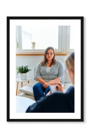 A shy plus-size woman sitting and talking with a psychologist about her eating disorder.