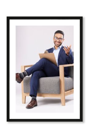 Psychologist, therapist and a man with a chair and clipboard for therapy, consultation or support. Portrait of professional person with notes for mental health counselling on white studio background