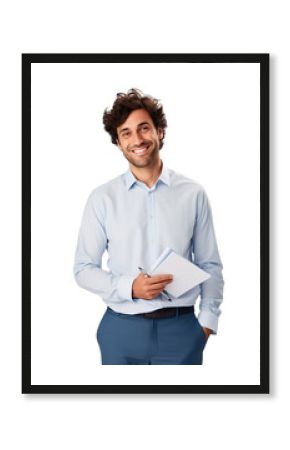 Cheerful young psychologist man posing with a smile over isolated white background