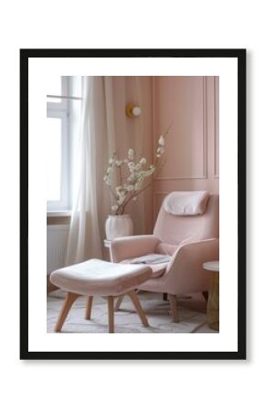 Relaxing atmosphere in psychotherapy room, modern office, nice interior, pastel calm colors, professional photo