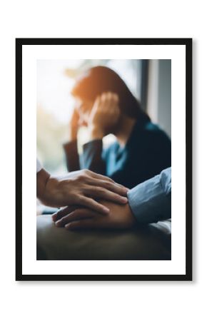 PTSD Mental health concept, Psychologist sitting and touch hand young depressed woman for encouragement .Social media history background, used for mental health day.