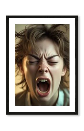 Explosive close‑up portrait of a young person mid‑scream, eyes clenched and mouth wide open, capturing raw frustration, mental overload, and the urgent need for emotional release in powerful psycholog