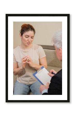 Mature gray-haired male psychotherapist with clipboard in session with female patient. Smiling caucasian woman at a psychologist appointment.