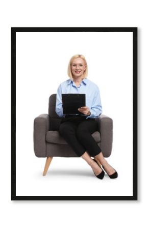Professional psychologist with clipboard in armchair on white background