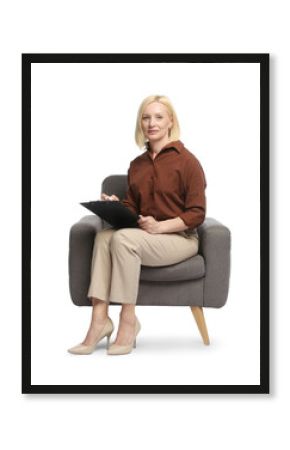 Professional psychologist with clipboard in armchair on white background