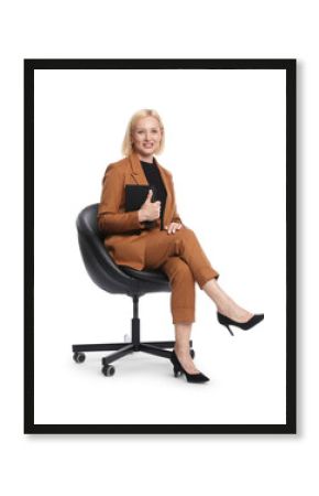 Professional psychologist with notebook in office chair on white background