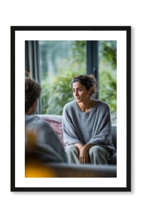 Sad woman talking with psychologist during therapy session, sitting on sofa and sharing her problems