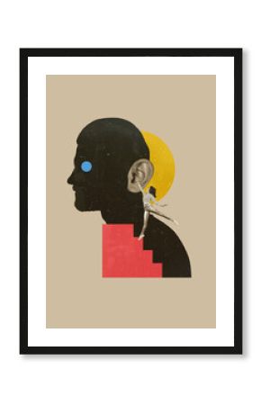 Composite artwork 3D collage trend template of silhouette person young lady stand ladder hold ear think mind thoughts creative inspiration