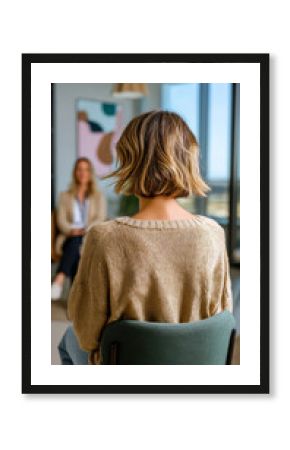 Back view of a young woman during a therapy session with female psychologist in modern office environment with daylight